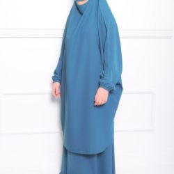 Jilbab deux pièces en soie de médine- Bleu canard Jilbab deux pièces en soie de médine- Bleu canard