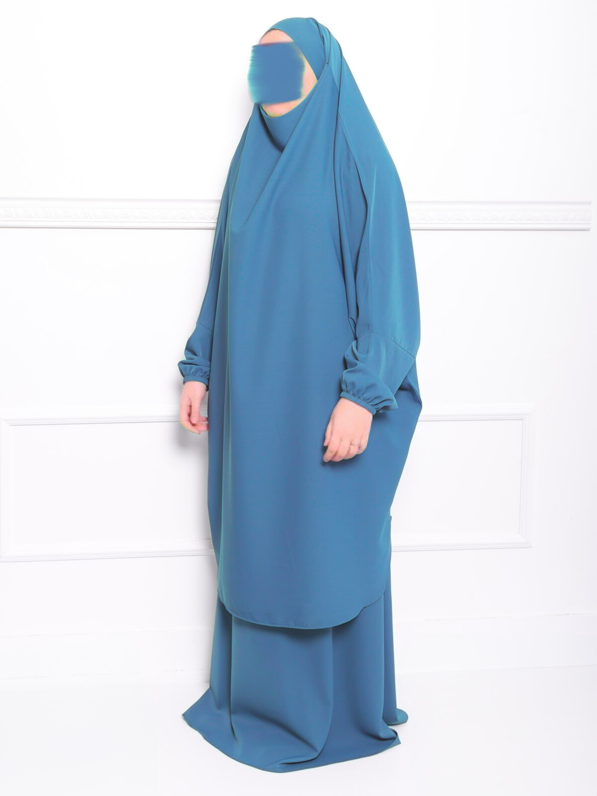 Jilbab deux pièces en soie de médine- Bleu canard Jilbab deux pièces en soie de médine- Bleu canard